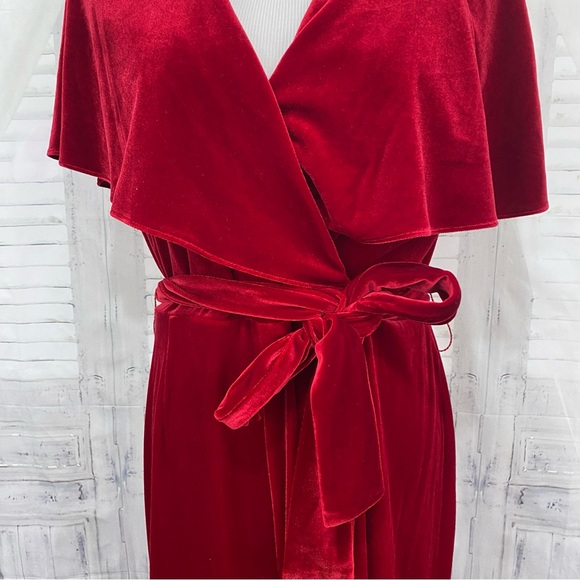 NEW Alex Marie Beth Velvet Jumpsuit Crimson Red Cape Sleeve V Neck Belted Formal - Picture 4 of 13
